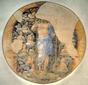 Christus, der in Herrlichkeit von Engeln umgeben in den Himmel aufsteigt, um 1488 von Andrea Mantegna