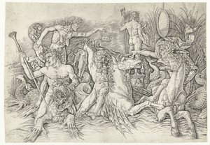 Kampf zwischen Satyrn auf Hippokampen und alter Frau als Personifikation des Neids auf dem Rücken eines Drachen von Andrea Mantegna