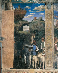 Pferd, Mastiffs und Diener von Graf Ludovico Gonzaga (Detail) von Andrea Mantegna