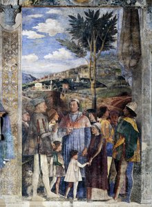 L. Gonzaga, seine Söhne Kardinal Francesco Gonzaga, Federico I Gonzaga, Francesco, Sigismondo, rechts, Heiliges Römisches Reich Kaiser Friedrich III, Christian I von Dänemark, Treffen Wand (Detail)
