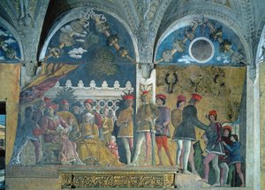 Marchese Ludovico Gonzaga III, seine Frau Barbara von Brandenburg, ihre Kinder, Höflinge und ihr Hund Rubino, aus der Camera degli Sposi oder Camera Picta, 1465-74