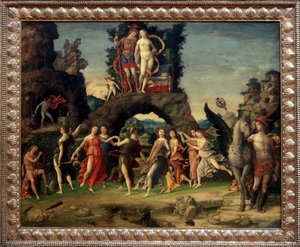 Mars und Venus oder Der Parnass. Gemälde, das Mars und Venus auf dem Felsen, Pegase und Merkur, Apollo und die neun Musen Calliope (epische Poesie), Clio (Geschichte), Erato (lyrische Kunst), Euterpe (Musik), Melpomene (Tragödie), Polymnie (Rhetorik), Terp von Andrea Mantegna