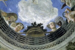 Oculus der Decke des Hauses der Eheleute, Herzogspalast von Mantua, Italien (Camera degli Sposi, Palazzo Ducale, Mantova): Detail von allegorischen Figuren und Putti. Fresko von Andrea Mantegna (1431-1506) von Andrea Mantegna