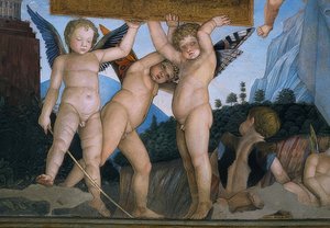 Putti mit Schmetterlingsflügeln eine Widmungsplakette haltend (Detail) von Andrea Mantegna