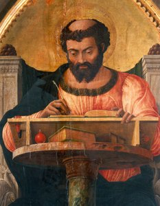 St. Lukas an seinem Schreibtisch (Detail) von Andrea Mantegna