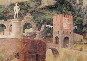 Ankunft von Kardinal Francesco Gonzaga, Detail des Hintergrunds mit idealisierter Ansicht von Rom (Detail) von Andrea Mantegna