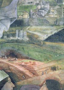 Die Ankunft von Kardinal Francesco Gonzaga; Marmorbrucharbeiten und eine idealisierte Ansicht von Rom, aus der Camera degli Sposi oder Camera Picta (Detail) von Andrea Mantegna