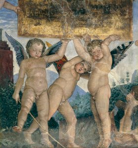 Geflügelte Putten halten die Widmungstafel (Detail) von Andrea Mantegna