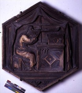 Musik, sechseckige dekorative Reliefkachel aus einer Serie, die die sieben freien Künste darstellt, möglicherweise basierend auf Entwürfen von Giotto (ca. 1266-1337) ca. 1334-48 von Andrea Pisano