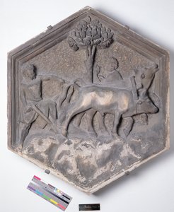 Die Kunst der Landwirtschaft, sechseckige dekorative Reliefkachel aus einer Serie, die die Praktiker der Künste und Wissenschaften darstellt, möglicherweise basierend auf Entwürfen von Giotto (ca. 1266-1337) ca. 1334-1348