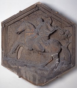Die Kunst der Jagd, sechseckige dekorative Reliefkachel aus einer Serie, die die Praktiker der Künste und Wissenschaften darstellt, möglicherweise basierend auf Entwürfen von Giotto (ca. 1266-1337) ca. 1334-48