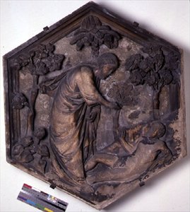 Die Erschaffung Adams, sechseckige dekorative Reliefkachel aus einer Serie, die Episoden aus der Genesis darstellt, möglicherweise basierend auf Entwürfen von Giotto (ca. 1266-1337) ca. 1334-48