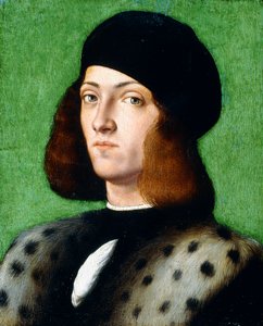 Porträt eines jungen Gentlemans, Brustbild, mit schwarzer Mütze und schwarzem Mantel, 1506 von Andrea Previtali