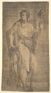 Ein Heiliger, möglicherweise Matthäus, mit einem Stab und einem Buch, ca. 1540-50