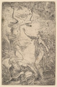 Apollo rechts mit Bogen jagt Daphne links, ca. 1538-40 von Andrea Schiavone
