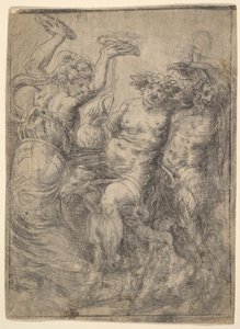 Bacchisches Gelage mit Silenus, der in der Mitte auf einer Ziege reitet, ca. 1540-43