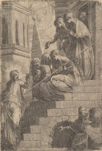 Christus spricht eine Gruppe von Frauen an, die auf Stufen sitzen und stehen, ca. 1541-44 von Andrea Schiavone