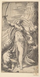 Judith mit erhobenem Schwert in der rechten Hand, den Kopf von Holofernes in den Sack legend (ca. 1542-45) von Andrea Schiavone