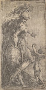 Mars steht links und lehnt sich an ein Schild, Amor rechts, ca. 1542-46 von Andrea Schiavone