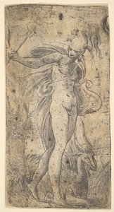 Merkur steht und hält einen Caduceus in seiner rechten Hand, eine Lyra in seiner linken