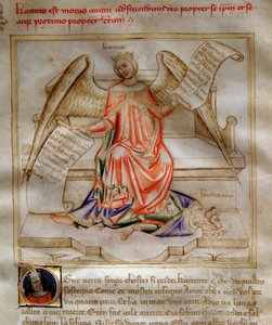 Allegorie der Nächstenliebe, die Herodes I. den Großen zu Füßen tritt, in „Song of the Seven Vertus and the Seven Liberals Arts destinee for Bruzio Visconti“ (La Canzone delle Virtu e delle Scienze) von Bartolomeo di Bartoli. Aquarell von Andrea di Bartoli
