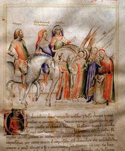 Der Autor kniet, um sein Buch dem jungen Prinzen Visconti von Mailand in „Song of the Seven Vertus and the Seven Liberal Arts destinee for Bruzio Visconti“ (La Canzone delle Virtu e delle Scienze) von Bartolomeo di Bartoli zu präsentieren. Aquarell von And von Andrea de Bartoli