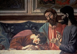 Das letzte Abendmahl, Detail von Judas, Christus und Johannes, 1447 (Detail)
