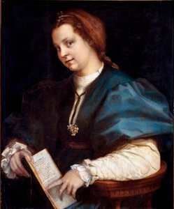 Porträt einer Unbekannten (Dame bei Petrarchino, die Frau hält eine Kopie des „Canzoniere“ von Petrarca in den Händen) von Andrea del Sarto
