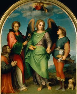 Der Erzengel Raphael mit Tobias, St. Laurentius und dem Stifter, Leonardo di Lorenzo Morelli, 1512 von Andrea del Sarto