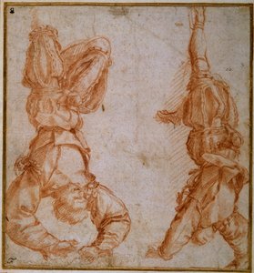 Zwei Studien eines Mannes, der an seinem linken Bein aufgehängt ist von Andrea del Sarto