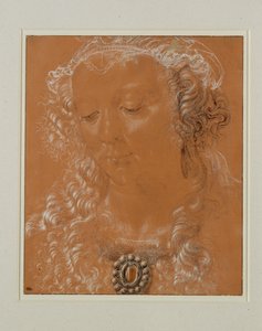 Kopf einer Frau, die Augen gesenkt, leicht nach links gedreht von Andrea del Verrocchio