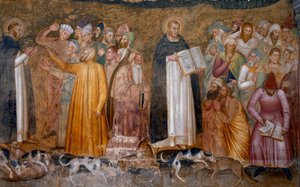 Triumph der kämpfenden Kirche: Thomas von Aquin vor den Ketzern und unten rechts, Fra Dolcino zerreißt die offizielle Lehre der Kirche. Kapelle der Spanier (Detail des Freskos, 1365)