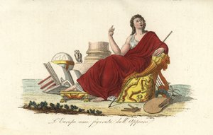 Allegorische Figur Europas auf einem Thron in einem purpurnen Gewand mit Büchern, Globus, Palette, Zepter, Leier und Eule