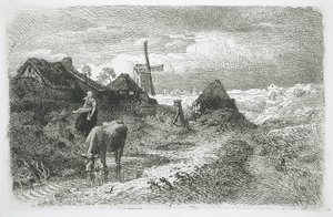Landschaft mit Hütten und Windmühle