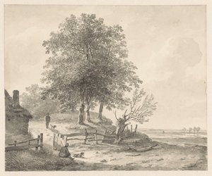Landschaft mit einem Häuschen auf einem Hügel von Andreas Schelfhout