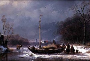 Bauern bei einem Boot auf einem zugefrorenen Fluss von Andreas Schelfhout