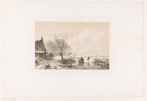 Schlittschuhläufer und Mann mit Schlitten auf gefrorenem Fluss von Andreas Schelfhout