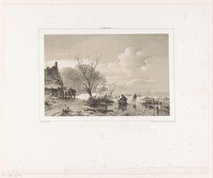 Schlittschuhläufer und Mann mit Schlitten auf gefrorenem Fluss