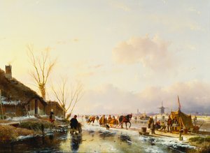 Schlittschuhläufer bei einer Bude auf einem zugefrorenen Fluss, 1850 von Andreas Schelfhout