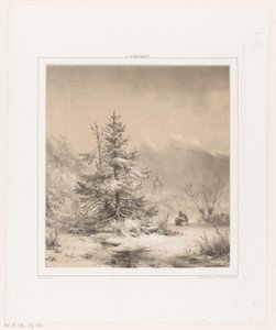 Winterlandschaft mit Nadelbäumen und Mann mit Schlitten
