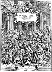 Titelseite von Andreas Vesalius De Humani Corporis Fabrica, zeigt Vesalius beim Sezieren eines Körpers, 1543