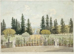 Ansicht von der Terrasse des Oranienbaum-Palastes in Lomonossow von Andrei Yefimovich Martynov