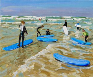Blaue Surfbretter, Bude, 2019 von Andrew Macara