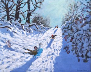 Schlittenfahren, Calke Abbey, Ticknall, Derby, 2021 von Andrew Macara