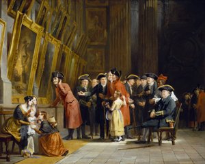 Ein Treffen von Veteranen der britischen Armee und Marine, die unter Horatio Nelson (1758-1805) dienten: Chelsea-Bewohner (in Rot gekleidet) und Greenwich Hospital (in Blau gekleidet) besuchen die Marine-Gemäldegalerie im Greenwich Hospital von Andrew Morton