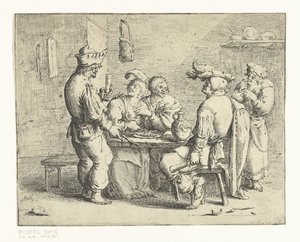 Drei Bauern und eine Frau an einem Tisch in einem Bordell von Andries Both