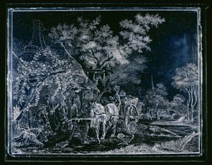 Fenster mit Pferd und Wagen und einigen Figuren vor einem Gasthaus von Andries Melort