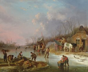 Niederländische Bauern auf einem zugefrorenen Fluss von Andries Vermeulen