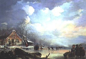 Winterlandschaft mit Hütte und Figuren von Andries Vermeulen