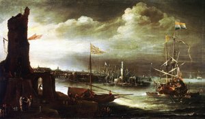 Ein niederländisches Schiff vor dem Hafen von Genua (Italien)